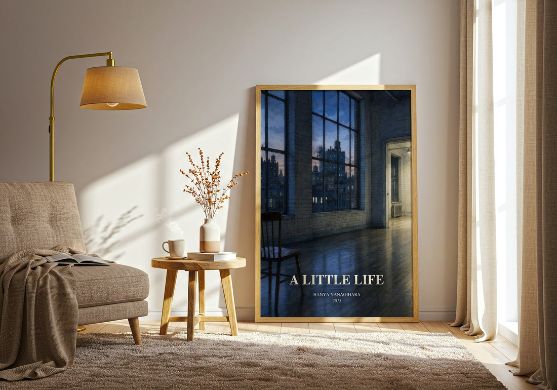 A Little Life watercolour print in frame leaning in hallway – literary fiction wall art (mockup)