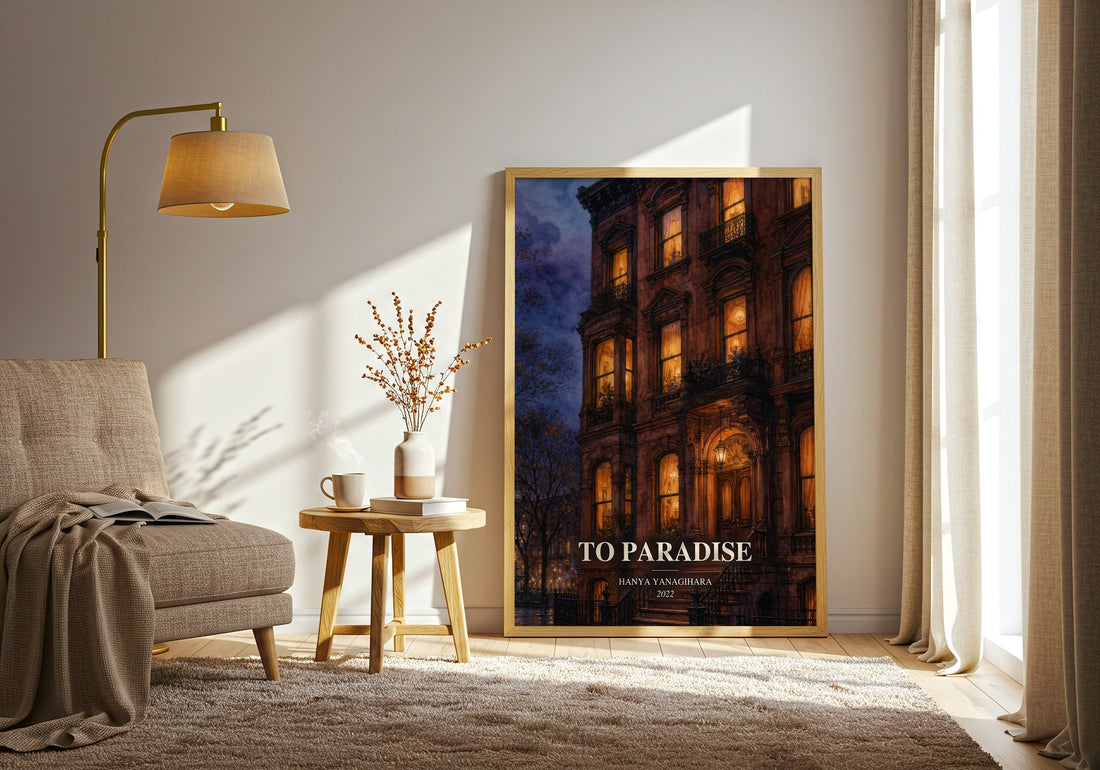 To Paradise watercolour print in frame leaning in hallway – literary fiction wall art (mockup)