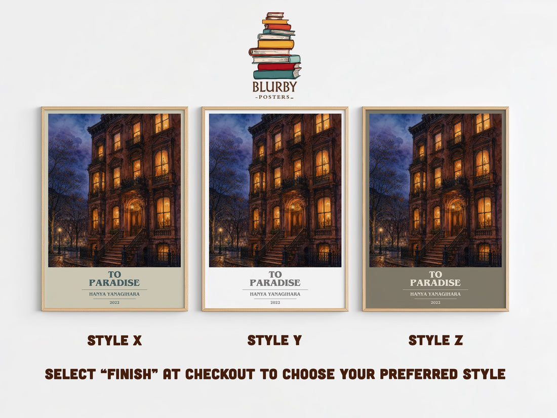 To Paradise book cover print in frame leaning in hallway – literary fiction wall art (mockup)