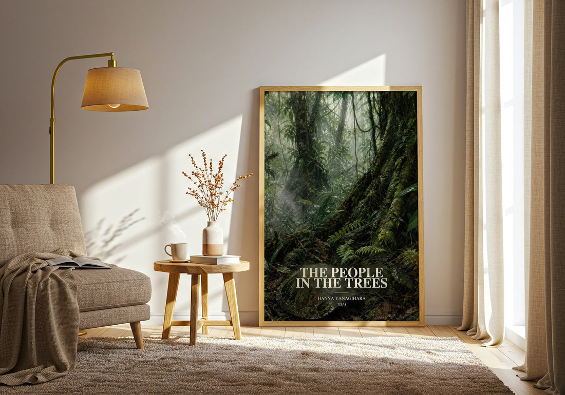 The People in the Trees watercolour print in frame leaning in hallway – literary fiction wall art (mockup)