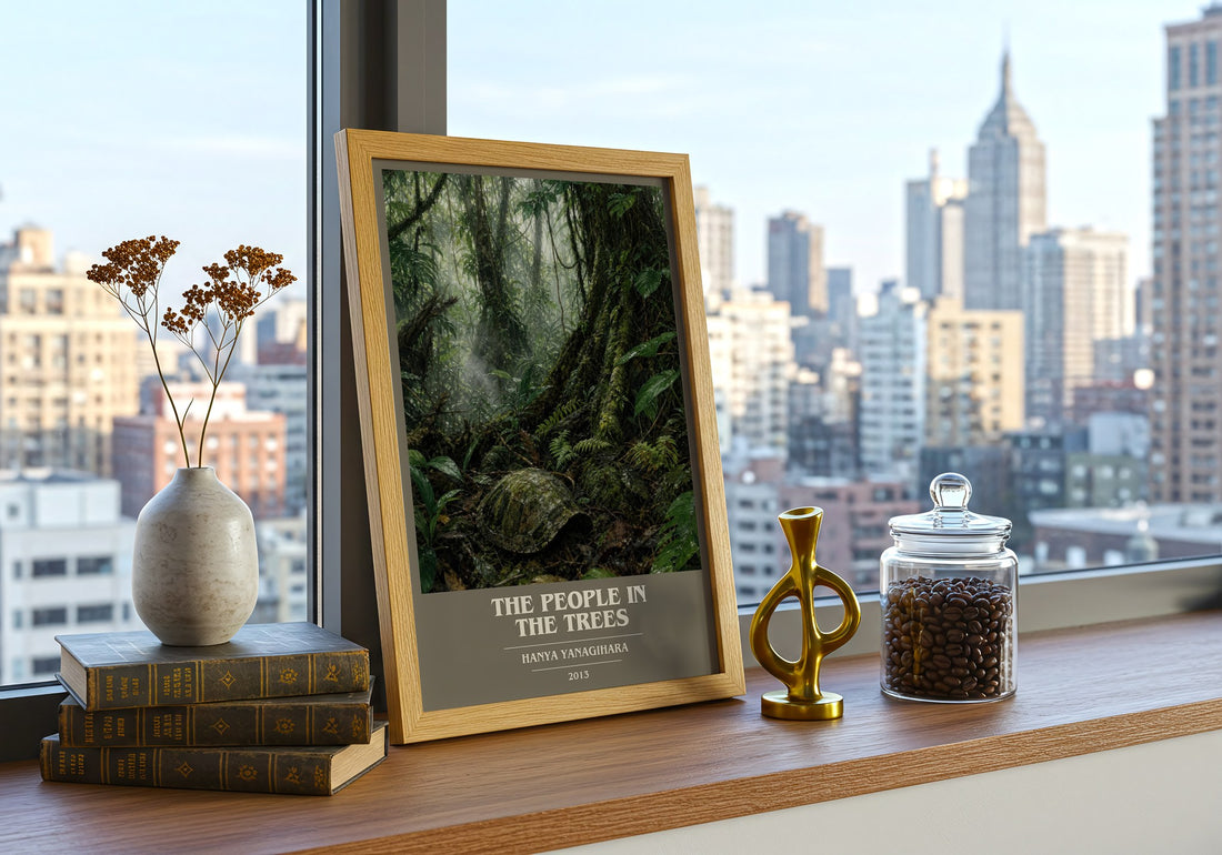 The People in the Trees book cover print framed by window – literary home decor