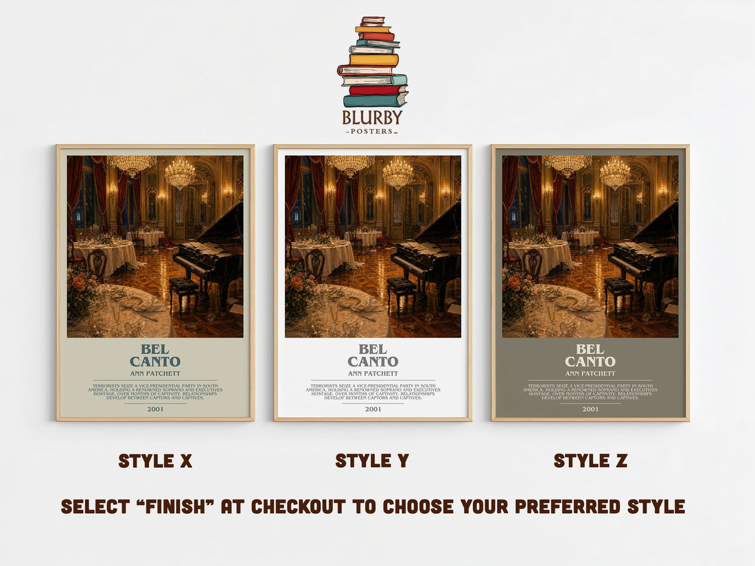 Bel Canto bookish print in frame leaning in hallway – contemporary fiction wall art (mockup)