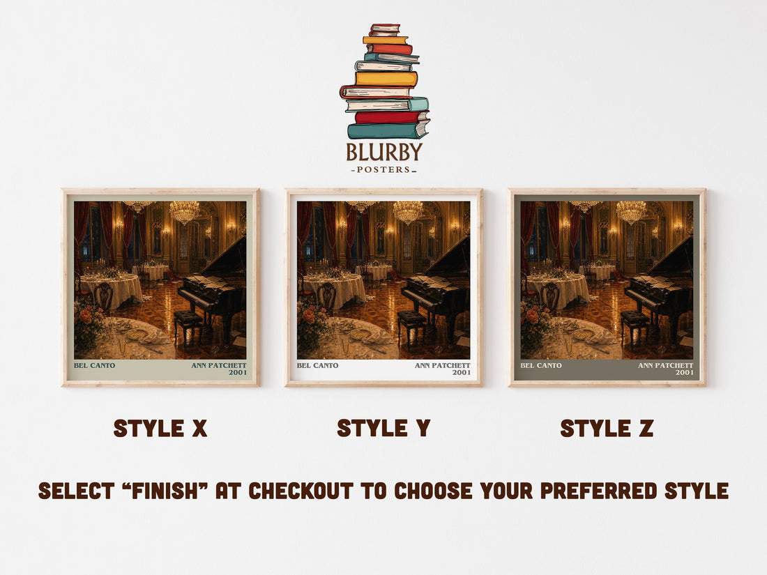 Bel Canto literary print in frame leaning in hallway – contemporary fiction wall art (mockup)