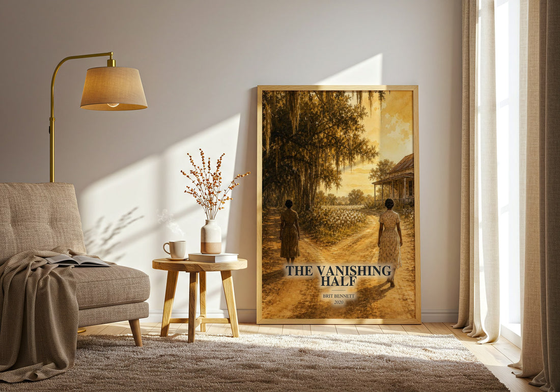The Vanishing Half watercolour print in frame leaning in hallway – contemporary fiction wall art (mockup)
