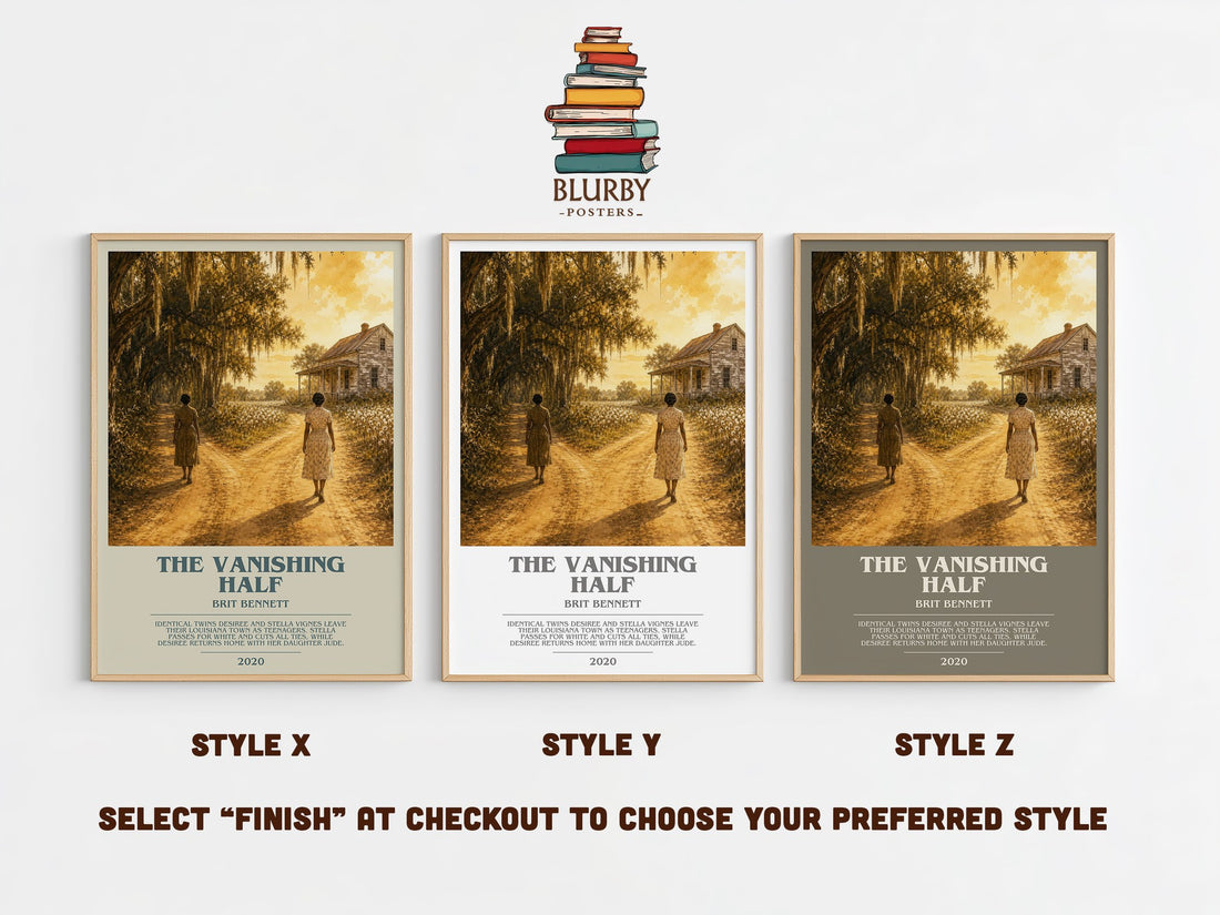 The Vanishing Half bookish print in frame leaning in hallway – contemporary fiction wall art (mockup)