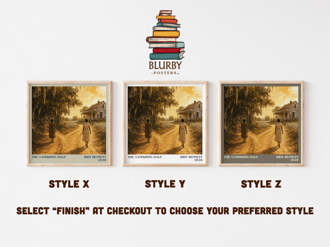 The Vanishing Half literary print in frame leaning in hallway – contemporary fiction wall art (mockup)