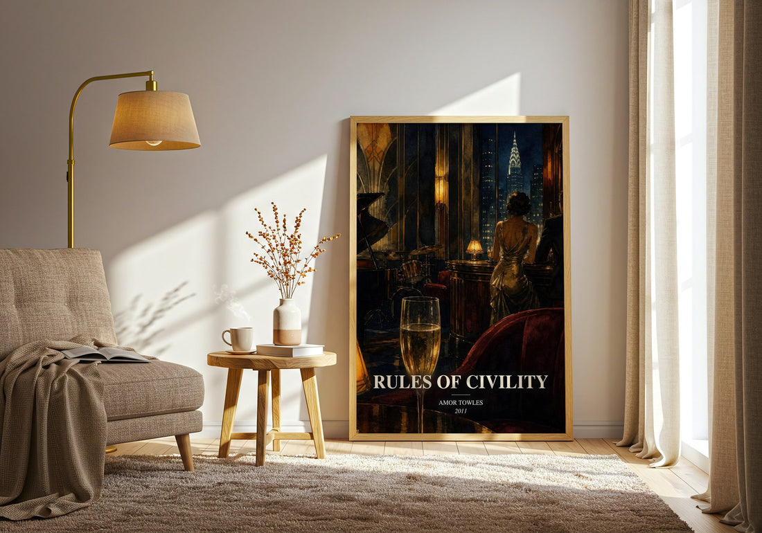 Rules of Civility watercolour print in frame leaning in hallway – historical fiction wall art (mockup)