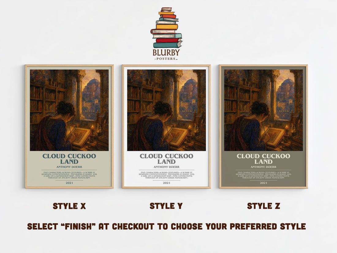 Cloud Cuckoo Land bookish print in frame leaning in hallway – literary fiction wall art (mockup)