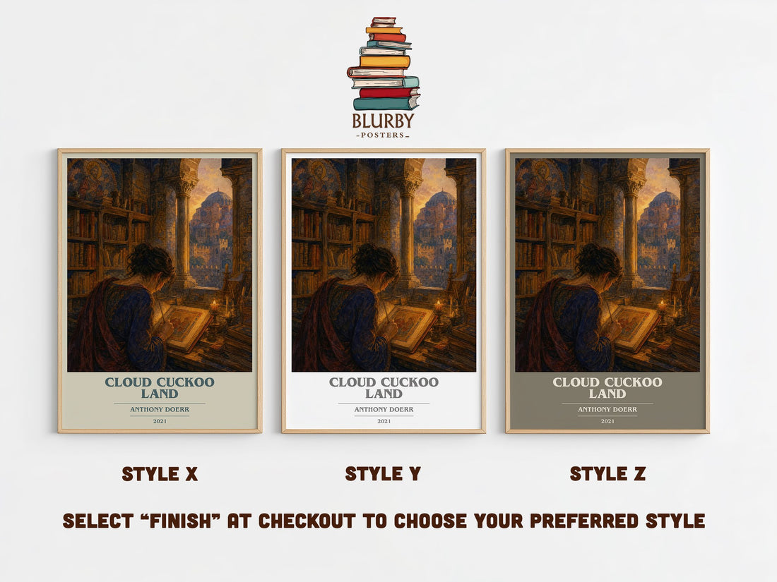 Cloud Cuckoo Land book cover print in frame leaning in hallway – literary fiction wall art (mockup)