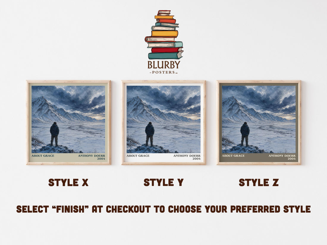 About Grace literary print in frame leaning in hallway – literary fiction wall art (mockup)