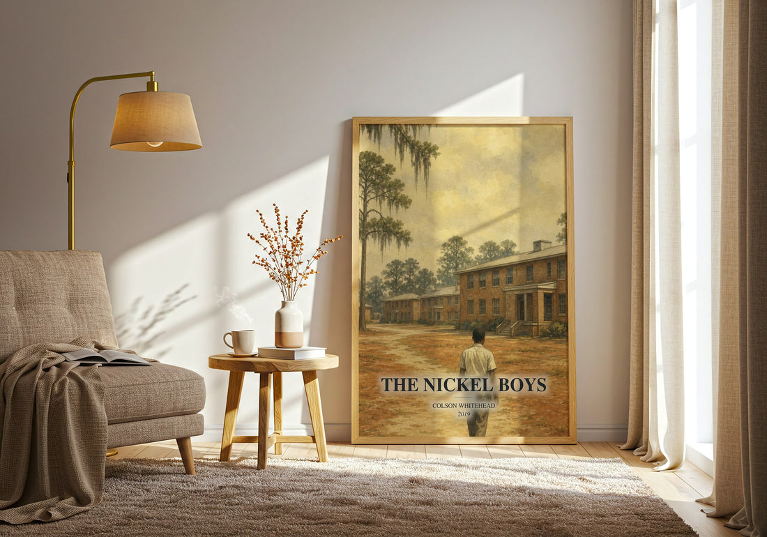 The Nickel Boys watercolour print in frame leaning in hallway – literary fiction wall art (mockup)