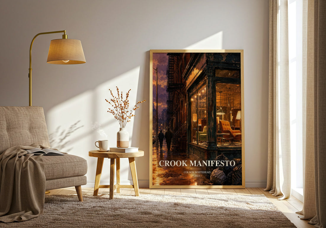 Crook Manifesto watercolour print in frame leaning in hallway – crime wall art (mockup)