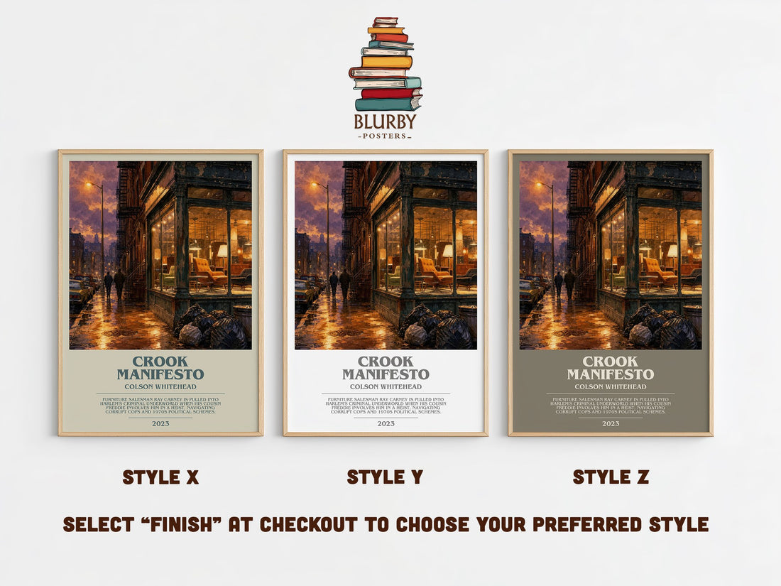 Crook Manifesto bookish print in frame leaning in hallway – crime wall art (mockup)