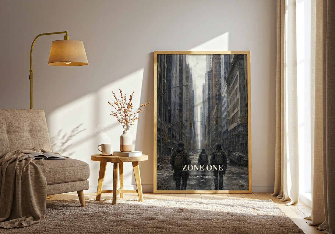 Zone One watercolour print in frame leaning in hallway – literary fiction wall art (mockup)