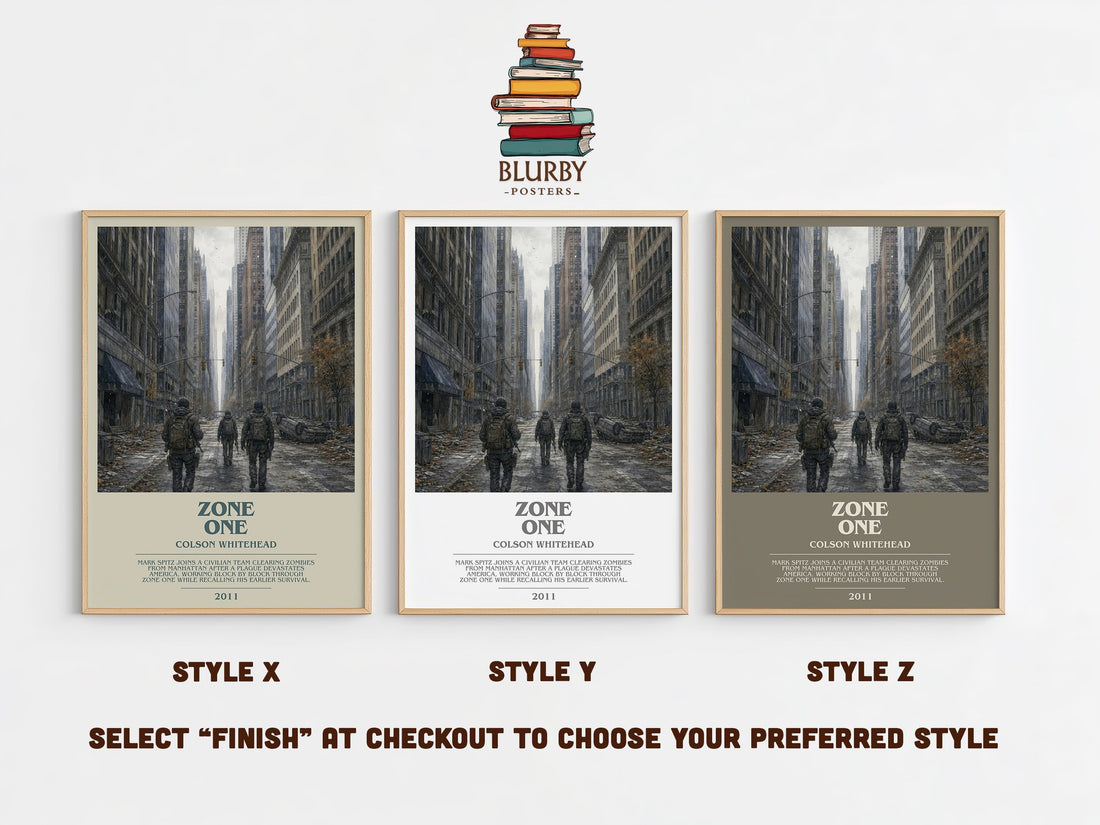 Zone One bookish print in frame leaning in hallway – literary fiction wall art (mockup)