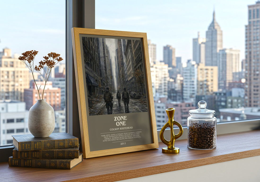 Zone One bookish print framed by window – literary home decor