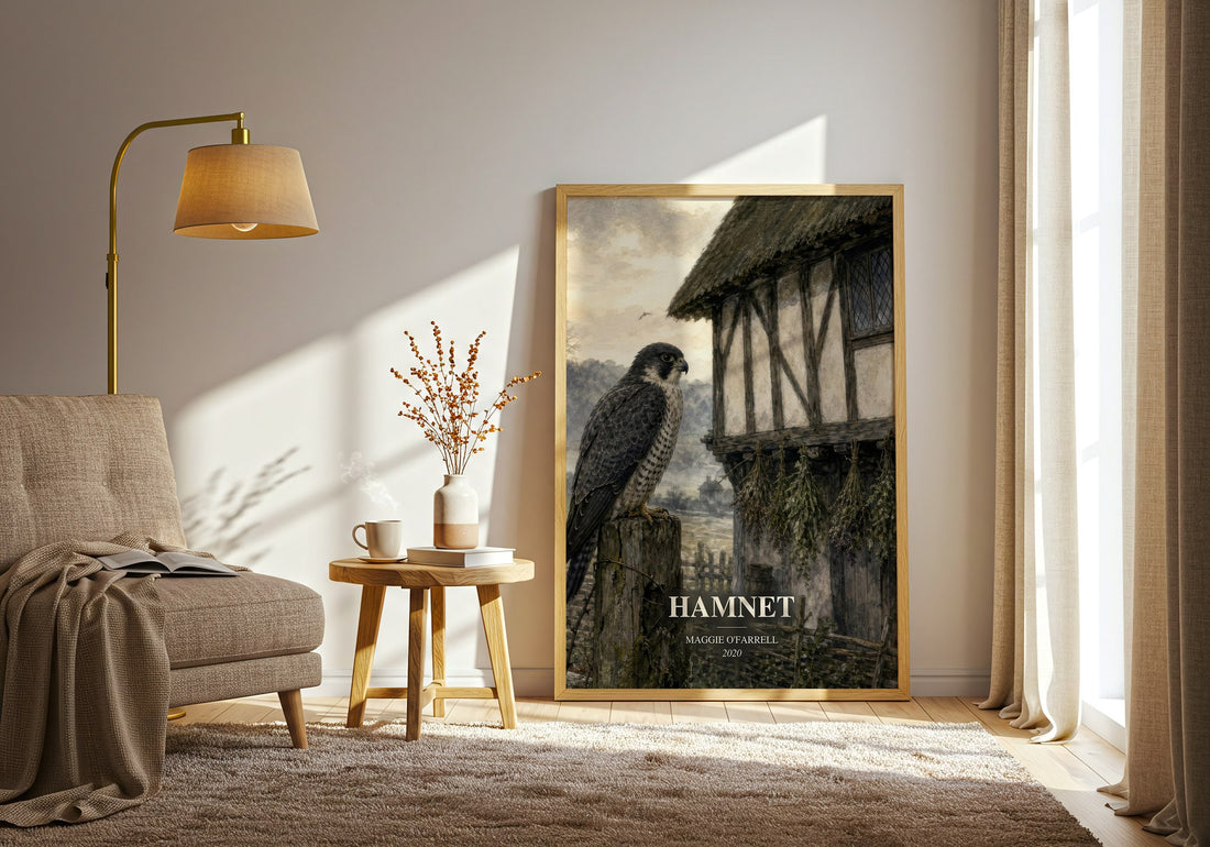 Hamnet watercolour print in frame leaning in hallway – historical fiction wall art (mockup)