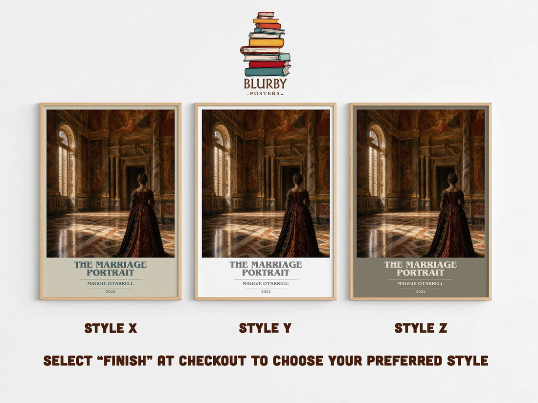The Marriage Portrait book cover print in frame leaning in hallway – historical fiction wall art (mockup)
