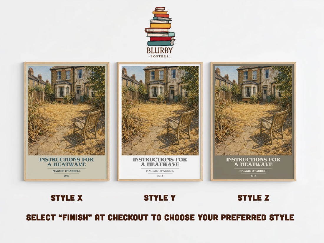 Instructions for a Heatwave book cover print in frame leaning in hallway – contemporary fiction wall art (mockup)