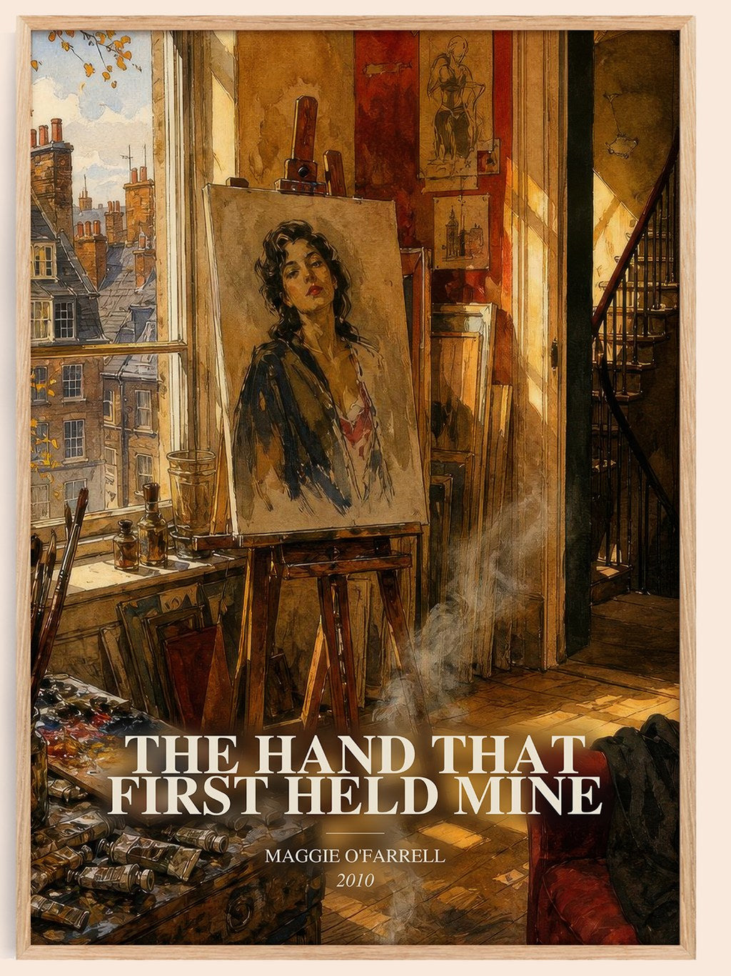 The Hand That First Held Mine watercolour book poster by Maggie O'Farrell – framed literary art print