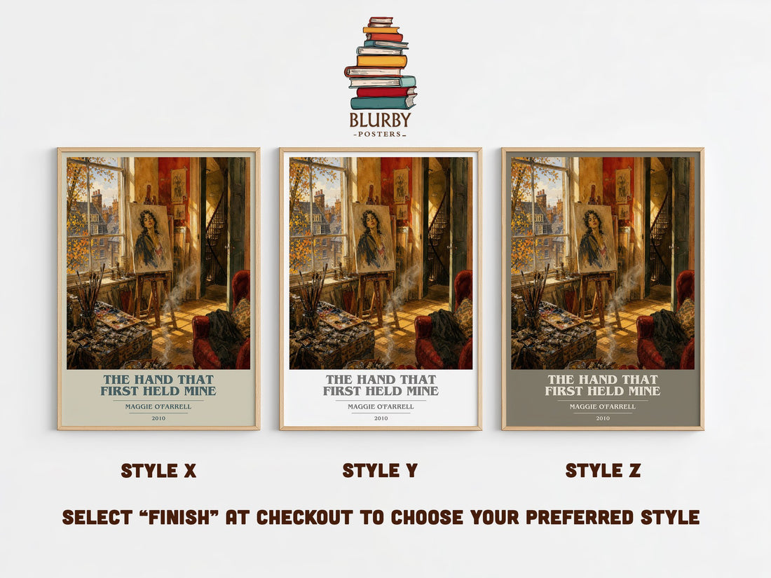 The Hand That First Held Mine book cover print in frame leaning in hallway – contemporary fiction wall art (mockup)