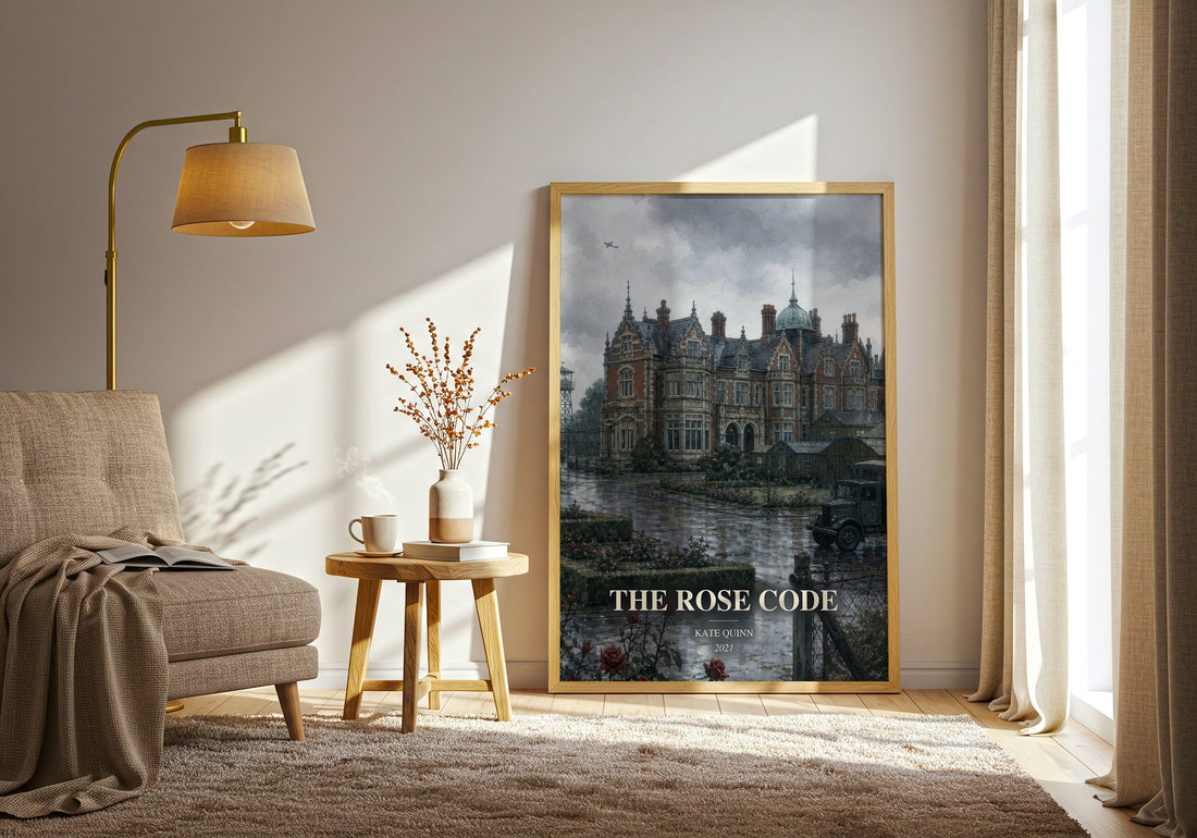 The Rose Code watercolour print in frame leaning in hallway – historical fiction wall art (mockup)