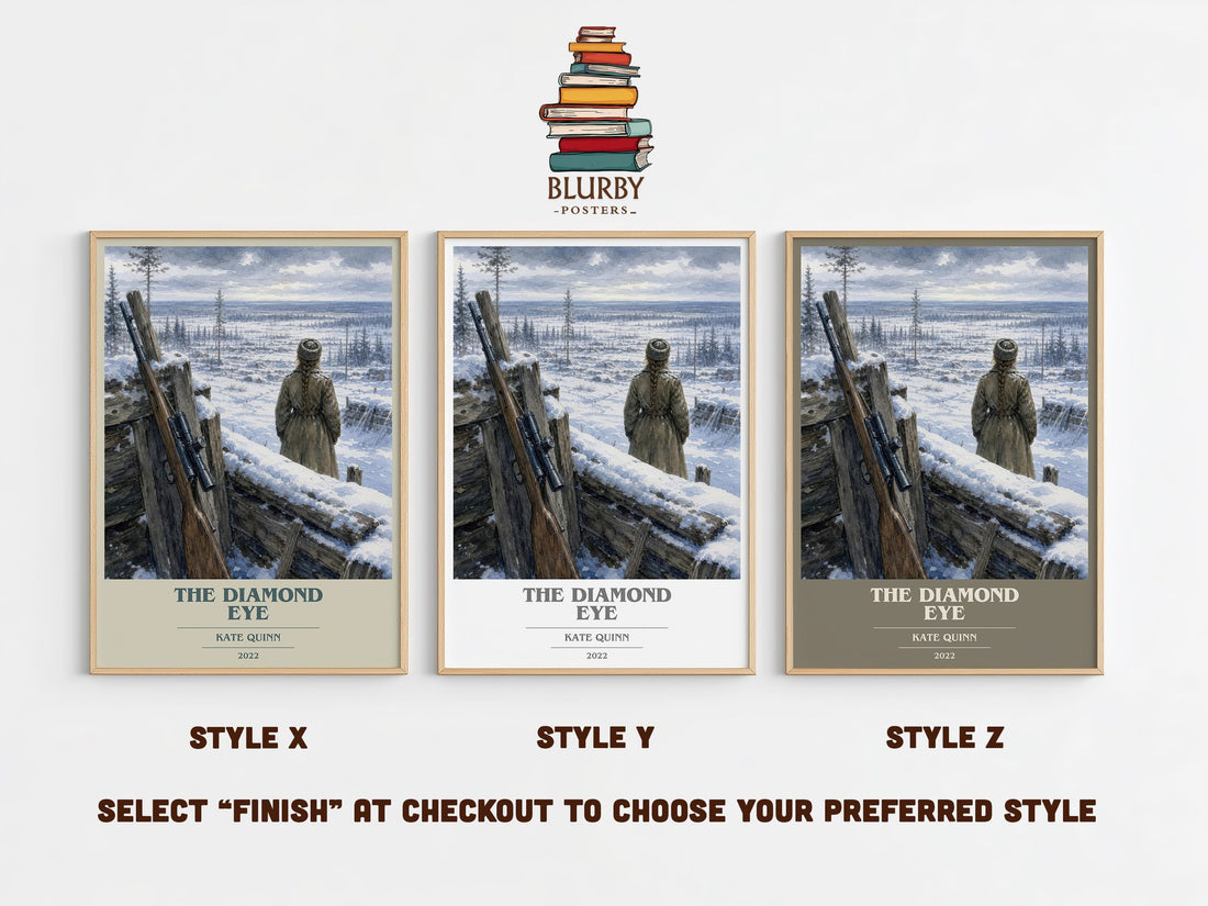 The Diamond Eye book cover print in frame leaning in hallway – historical fiction wall art (mockup)