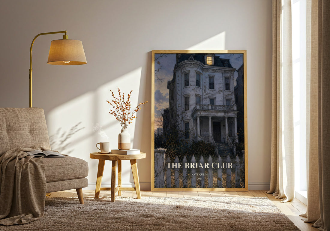 The Briar Club watercolour print in frame leaning in hallway – historical fiction wall art (mockup)