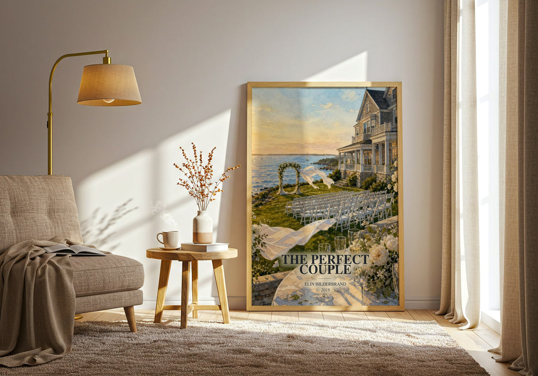 The Perfect Couple watercolour print in frame leaning in hallway – mystery wall art (mockup)