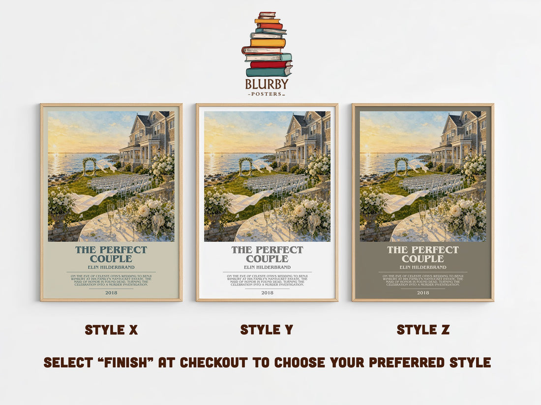 The Perfect Couple bookish print in frame leaning in hallway – mystery wall art (mockup)