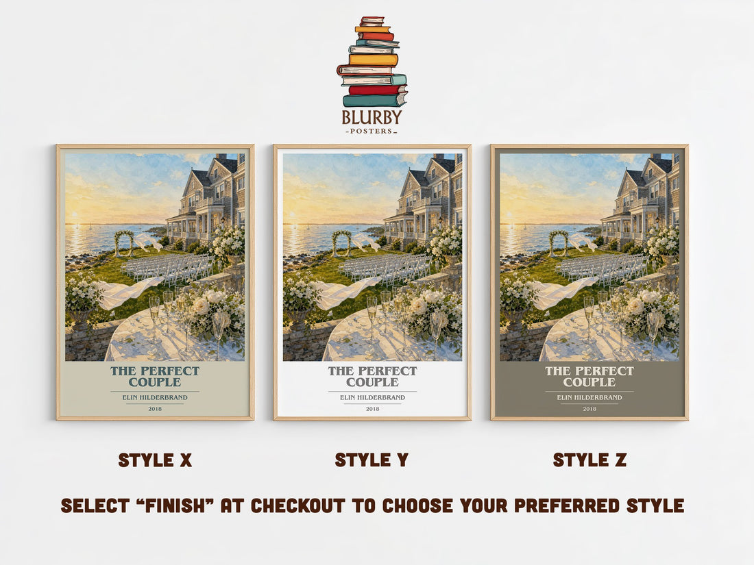 The Perfect Couple book cover print in frame leaning in hallway – mystery wall art (mockup)