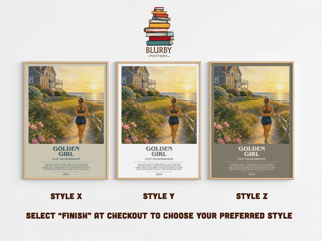 Golden Girl bookish print in frame leaning in hallway – contemporary fiction wall art (mockup)