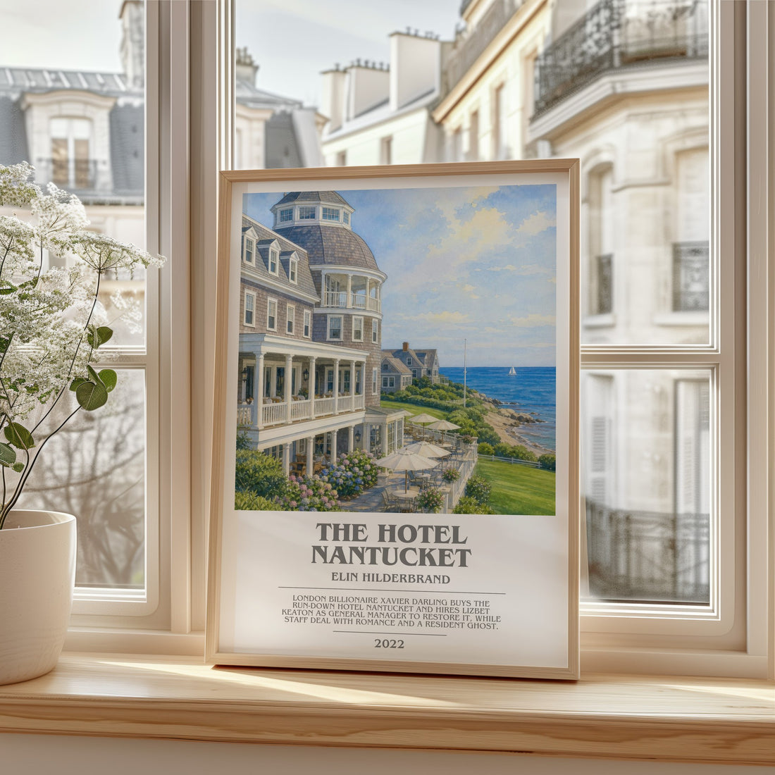 The Hotel Nantucket bookish print in frame leaning in hallway – contemporary fiction wall art
