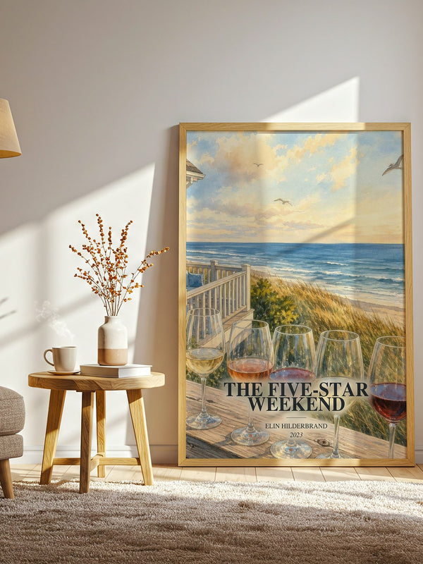 The Five-Star Weekend watercolour print in frame leaning in hallway – contemporary fiction wall art