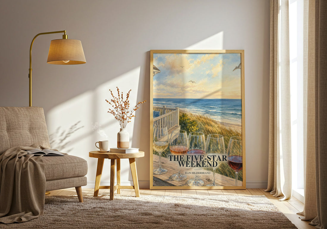 The Five-Star Weekend watercolour print in frame leaning in hallway – contemporary fiction wall art (mockup)