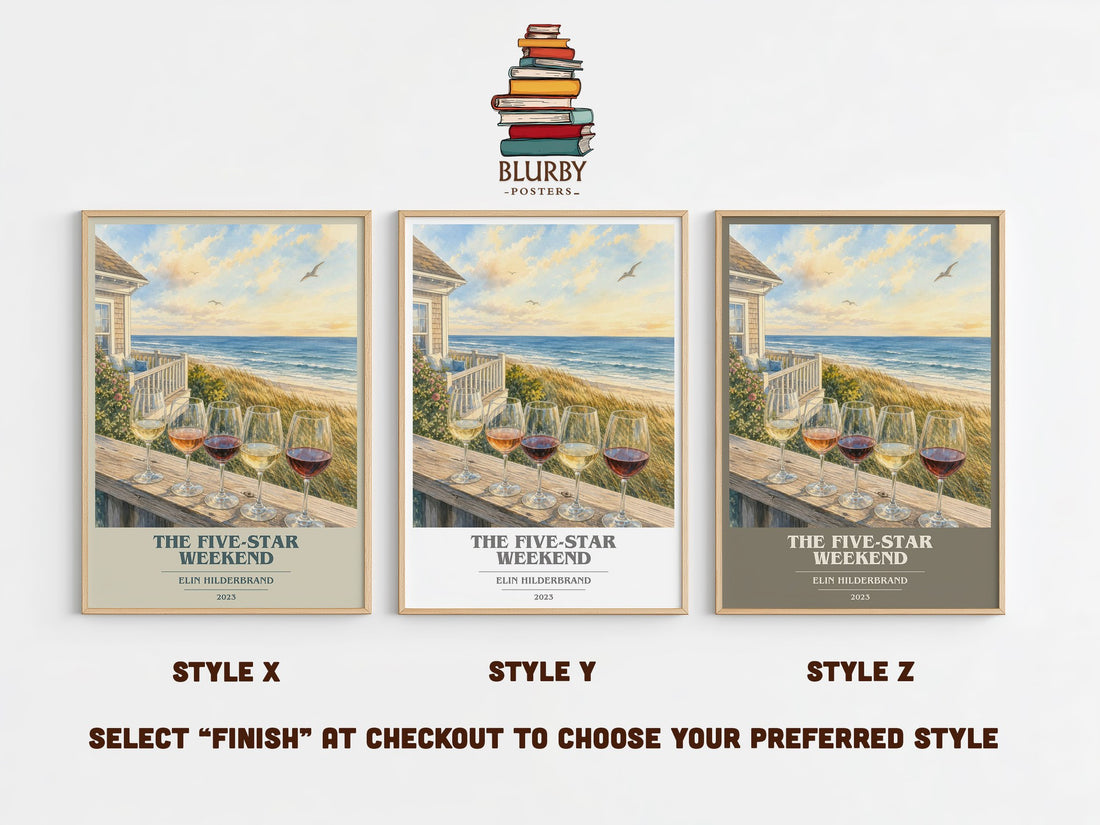 The Five-Star Weekend book cover print in frame leaning in hallway – contemporary fiction wall art (mockup)