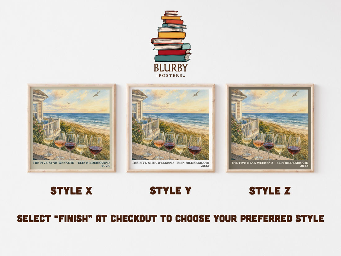 The Five-Star Weekend literary print in frame leaning in hallway – contemporary fiction wall art (mockup)