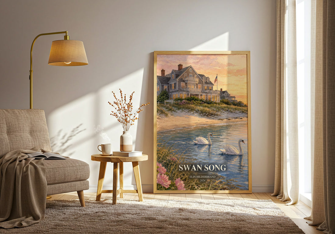 Swan Song watercolour print in frame leaning in hallway – contemporary fiction wall art (mockup)