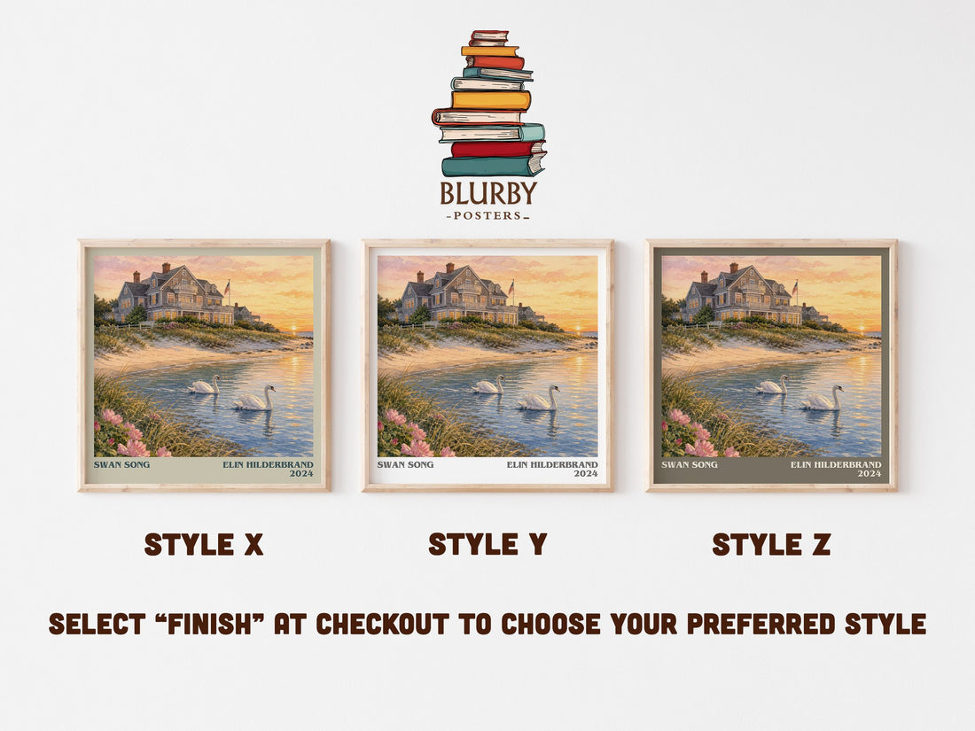 Swan Song literary print in frame leaning in hallway – contemporary fiction wall art (mockup)