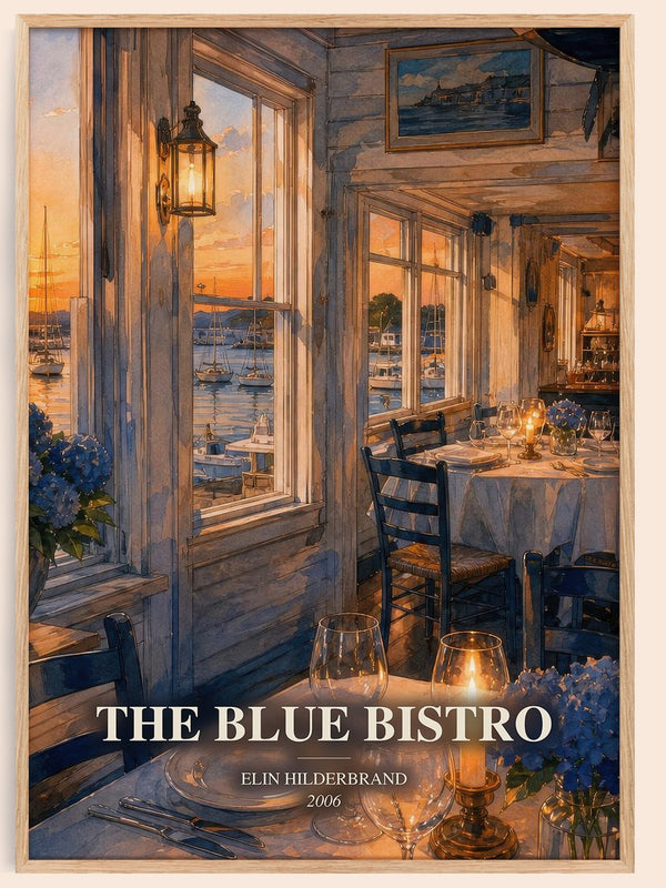 The Blue Bistro watercolour book poster by Elin Hilderbrand – framed literary art print