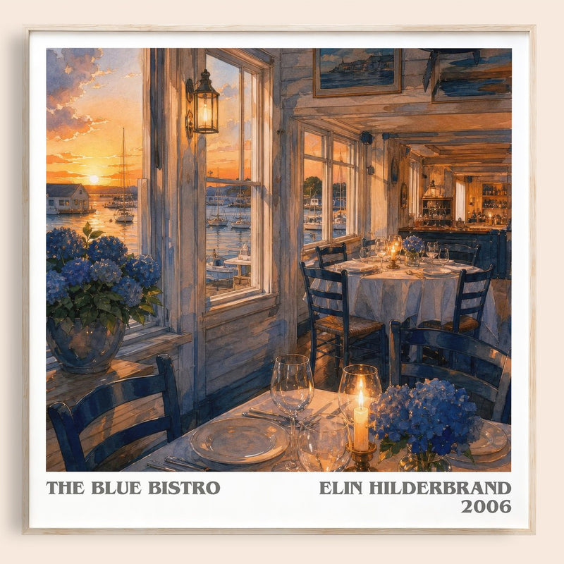 The Blue Bistro literary book poster by Elin Hilderbrand – framed literary art print