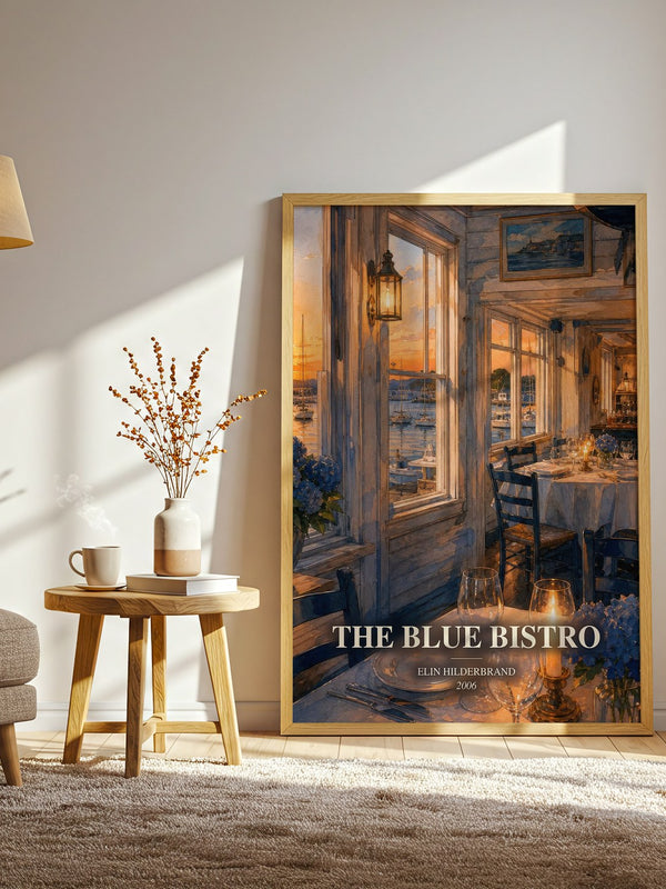 The Blue Bistro watercolour print in frame leaning in hallway – romance wall art