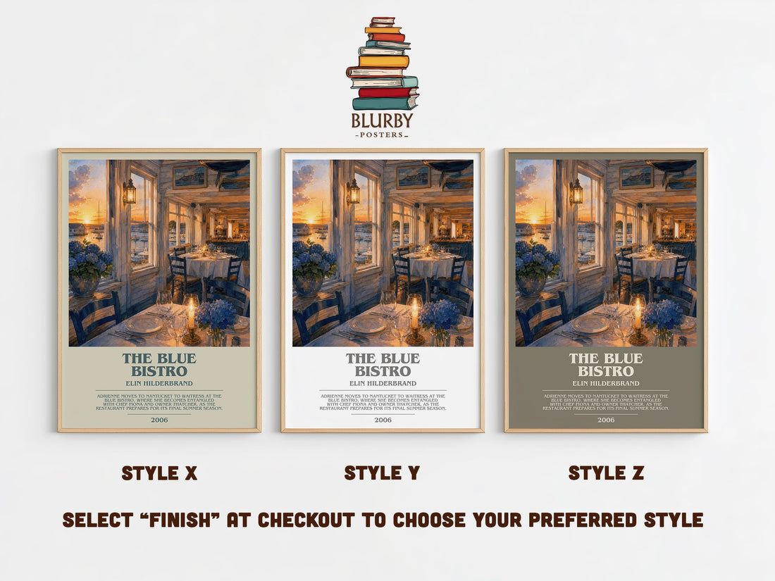 The Blue Bistro bookish print in frame leaning in hallway – romance wall art (mockup)