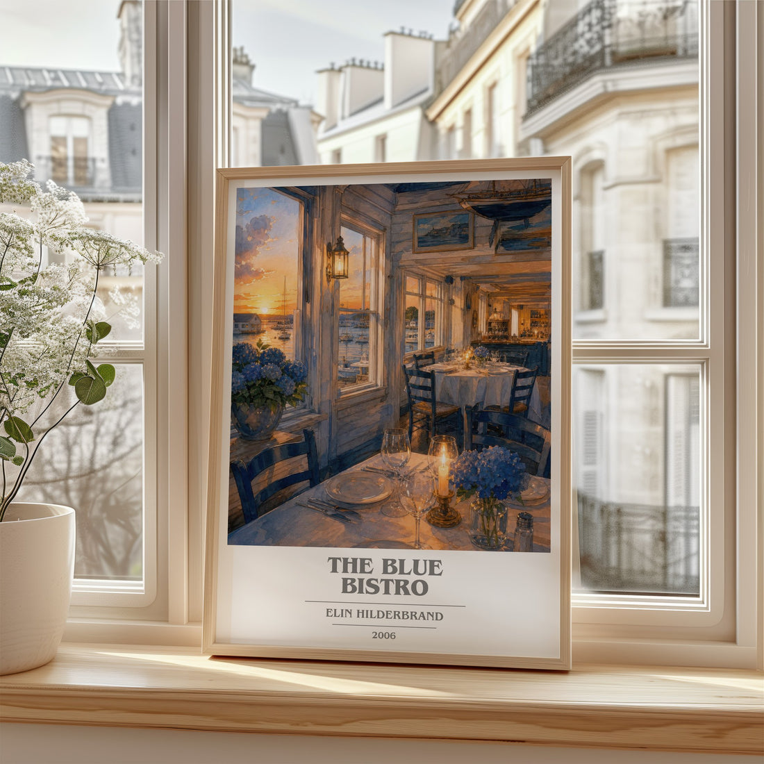 The Blue Bistro book cover poster colour and style options – Elin Hilderbrand book art (mockup)