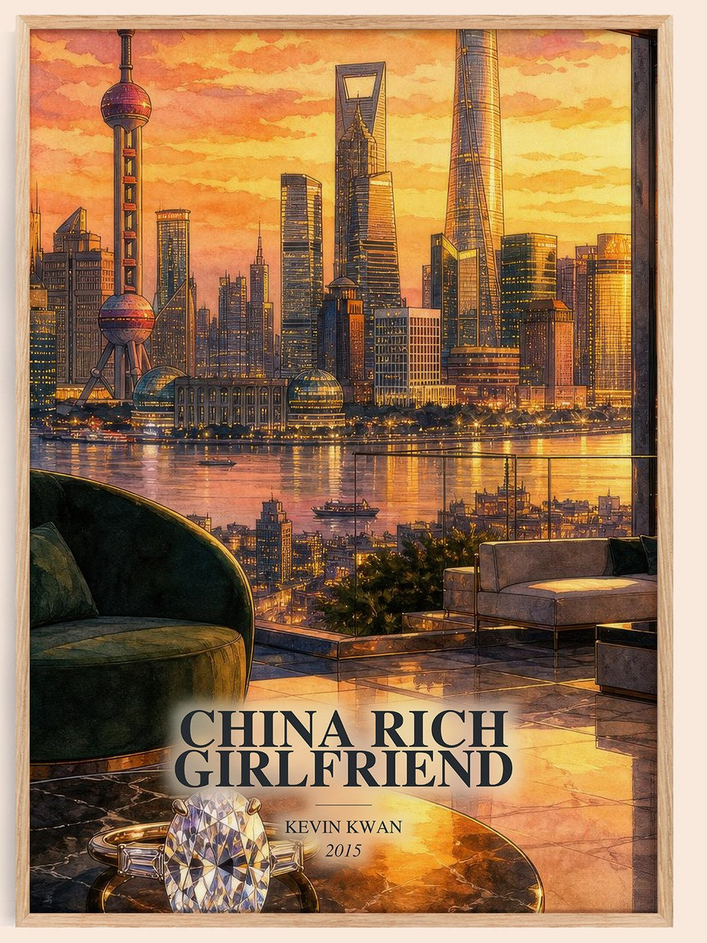 China Rich Girlfriend watercolour book poster by Kevin Kwan – framed literary art print