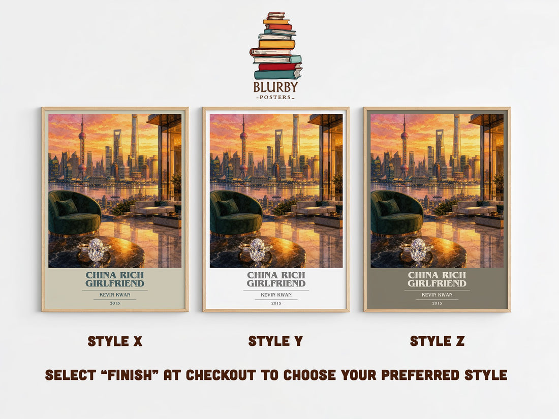 China Rich Girlfriend book cover print in frame leaning in hallway – contemporary fiction wall art (mockup)
