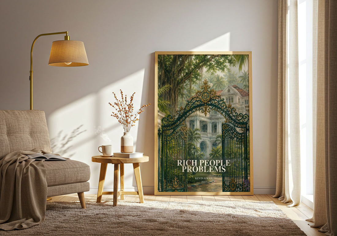 Rich People Problems watercolour print in frame leaning in hallway – contemporary fiction wall art (mockup)