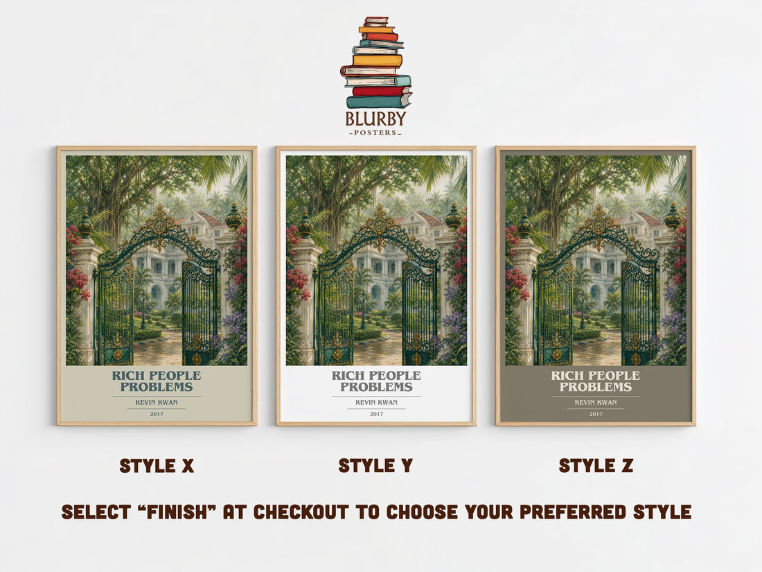Rich People Problems book cover print in frame leaning in hallway – contemporary fiction wall art (mockup)