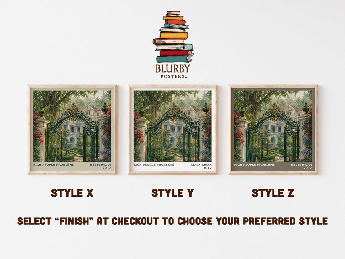 Rich People Problems literary print in frame leaning in hallway – contemporary fiction wall art (mockup)
