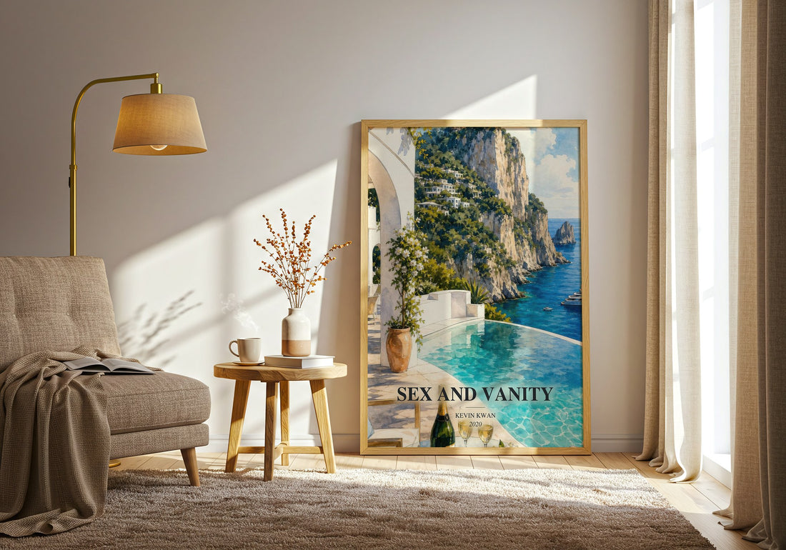 Sex and Vanity watercolour print in frame leaning in hallway – contemporary fiction wall art (mockup)